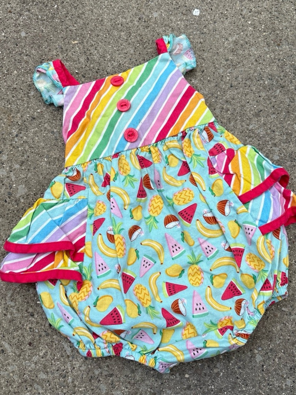 Ricrac & Ruffles colorful striped Fruit print baby girl romper